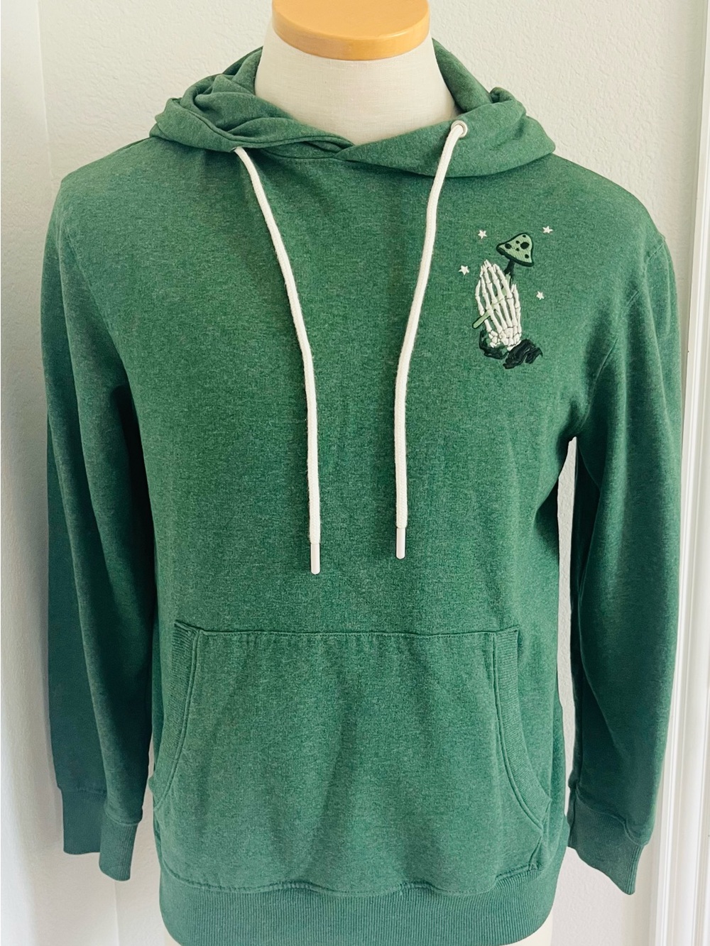 Green Men's Hooded Sweatshirt with Praying Hands Graphic